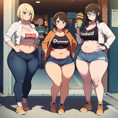 ((highres)), Masterpiece, high quality, best quality, beautiful, perfect lighting, detailed face, ultra cute face, ((3girls)), one girl has blonde hair, blue eyes, crop top and shorts skindentation, one girl has brown hair, green eyes, jeans, white shirt, ...