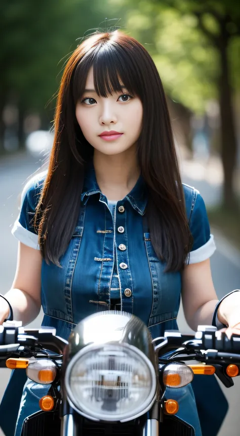 ((motor bikes))、(​masterpiece、top-quality) 、kawaii、(Colossal tits:1.2)、((20 year old woman:1.2))、Young adorable Japan face, ,Soft portrait shots,in 8K,、Young cute gravure idol