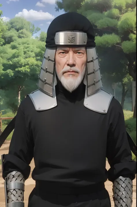 life adaption of this character, Old grandfather,Have a white realistic beard, , realistic outfit wearing Iron head armor ,muscular body,realistic light, realistic shadow, hyper realistic, realism,(photorealistic:1.2),