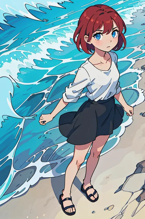 perfect anime illustration, girl with blue eyes and short red hair in a black dress and sandals walks on the beach