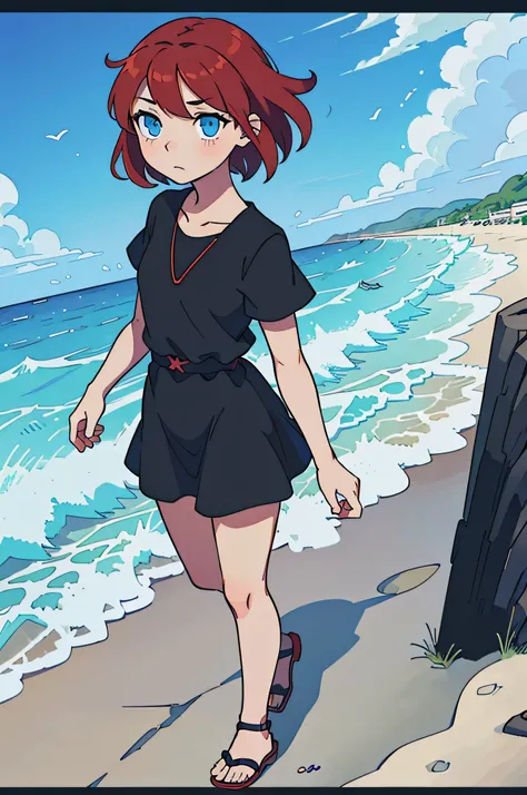 perfect anime illustration, girl with blue eyes and short red hair in a black dress and sandals walks on the beach