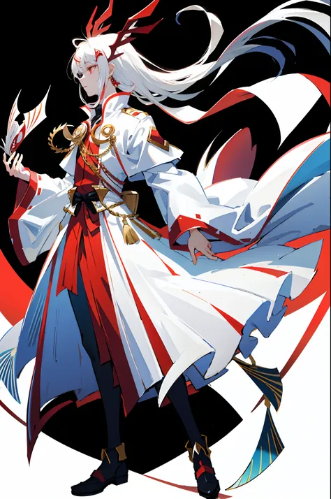 profile,charter layout,full body esbian,at attention,eye,put down hands,handsome fox boy,white hair, red eyes, white costume wit...