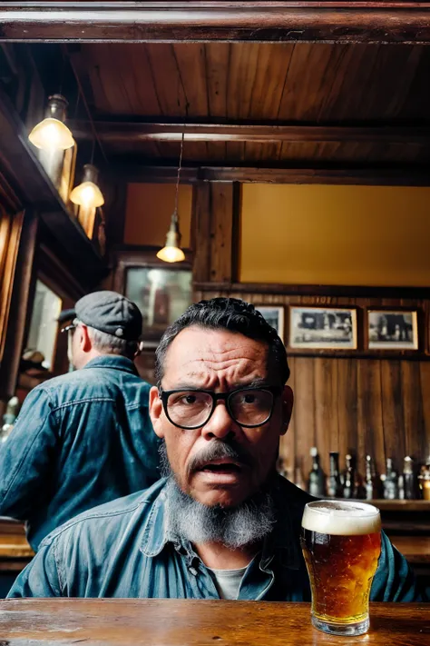 guttonerdvision10, Create an old-fashioned photograph-style image of a man wearing glasses, looking ((horrified by something he has seen)), sitting at an English pub counter, holding a beer. Achieve a vintage look with a ((worn and cracked border)) to evok...