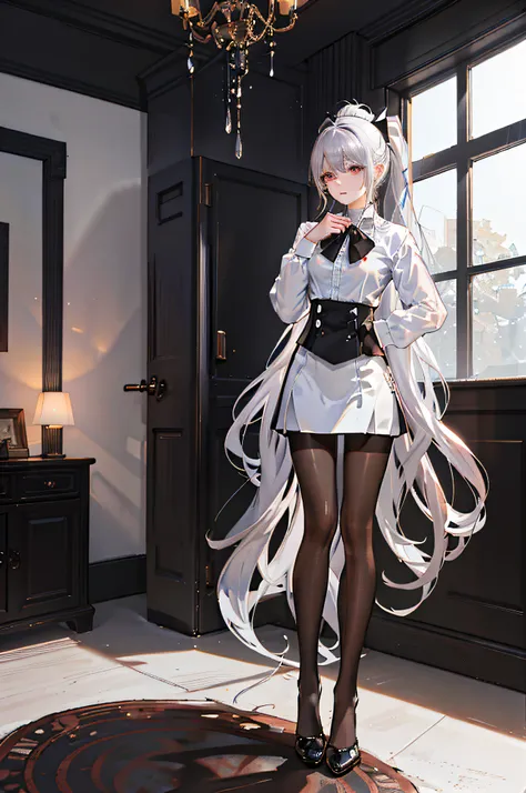 ((1 girl)),((high detailhyper quality,high resolution,))),(epic detail)),((soft shadows)),(ray tracing),{best shadow}, detailed background, ((living room)),((fluffy silver hair, busty slender girl with high ponytail)))), [avoid golden eyes in an ominous li...