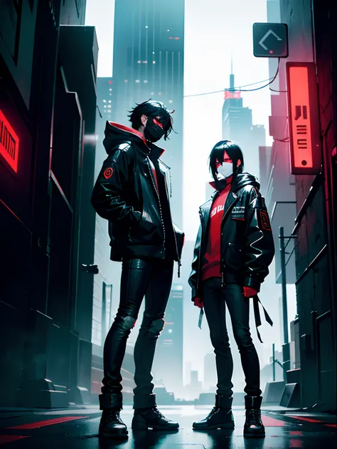 2 males side by side, short black hair, red eyes, cyberpunk mask, skinny jeans, cyberpunk night city background, absurdres, high res, ultrasharp, 8K, masterpiece, looking at viewer