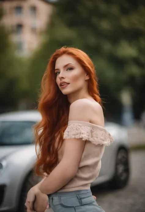 Es gibt eine Frau, in front of a building background with people, redhead girl, Beautiful red-haired woman, rothaarige Frau, Young redhead girl, kurzes, leuchtend rotes Haar, Red hair and attractive facial features, Anna Nikonova alias Newmilky, redhead gi...