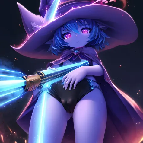 (very detailed 8k wallpaper), medium shot of a loli necromancer, particle lighting, high detail, dramatic, gatling gun in hand, clean background, with wizard hat on, background top weapon removed, cameltoe