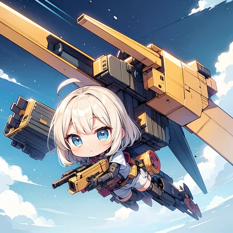 masutepiece, Best Quality, Extremely detailed, Mecha Girl, Heavy equipment, Equipped with heavy weapons,  Eyes glow blue, With mechanical wings, Full body, Ahoge, ((Deformed)), ((Chibi Character)), my child, ((Heavenly sky background))