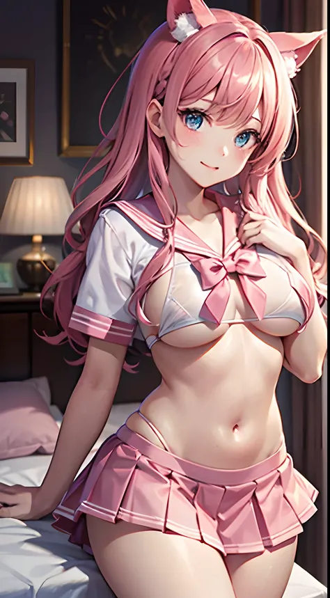 Beautiful illustration、top-quality、Cute little girl s、Bedroom、A pink-haired、length hair、(((Pink pleated skirt)))、(((pink sailor suit)))、shortsleeves、Colossal tits、a navel、Flipping up the skirt with your hands、Show white panties、Pull up your skirt and show ...