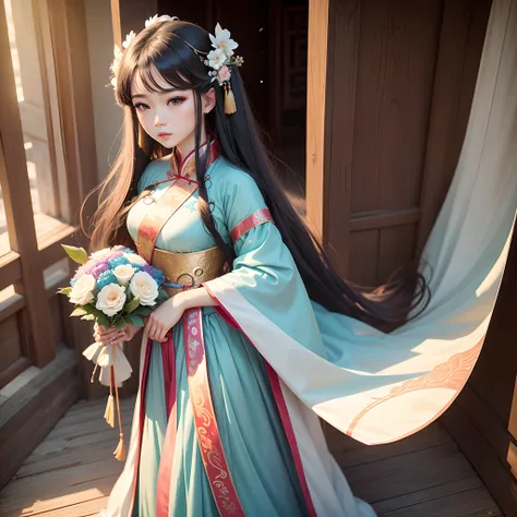 Close-up of a woman in a turquoise gradient dress holding a bouquet of flowers,Long hair disc hair hairpin, dress details with tulle fabric with streamers, wide skirts, streamers embellished the royal palace ， A girl in Hanfu, Hanfu, Traditional Chinese cl...