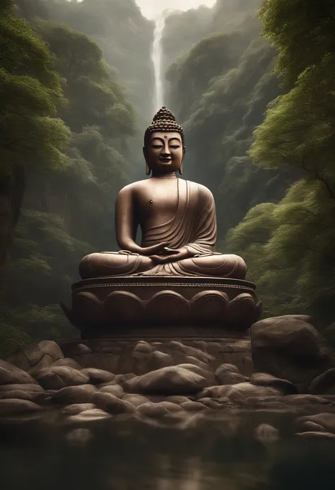 A giant, Realistic depiction of Leshan Buddha, Blend seamlessly with nature, surrealism, Ultra-detailed, Photorealistic:1.37, 3D rendering, Cinematic lighting, Divine light, Ultra-high definition, Masterpiece:1.2, Textured skin, Best quality, high resoluti...