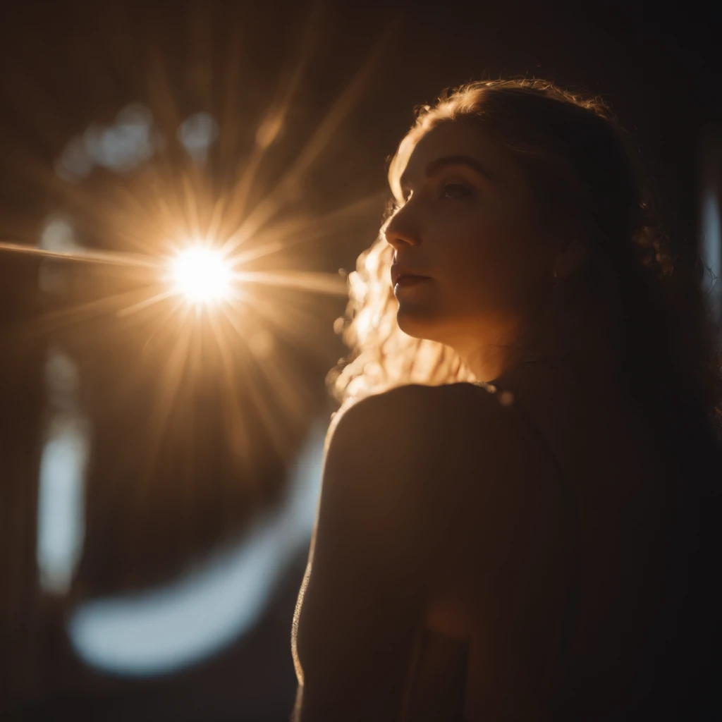 full bodyesbian, one-girl, （head looking up）, （Side face 1.5）, （Eyes look at the sun）, suns, radiating with light, partially underwater shot, Romanticism, Op art, sparkle, god rays, ray tracing