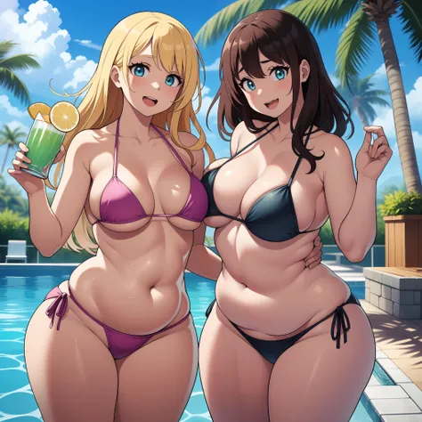 ((highres)), Masterpiece, high quality, best quality, beautiful, perfect lighting, detailed face, ultra cute face, ((2girls)), one girl has blonde hair, blue eyes, bikini, skindentation, one girl has brown hair, green eyes, bikini, side tie bikini, tight b...