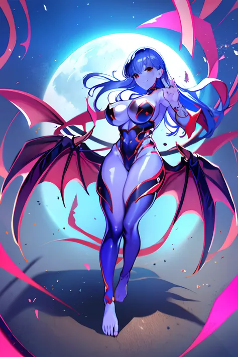 full body suits　huge tit　Big ass　Whip thighs　seductiv　a smile　Morrigan Aensland　blue skin　Bare legged　Playing with feet