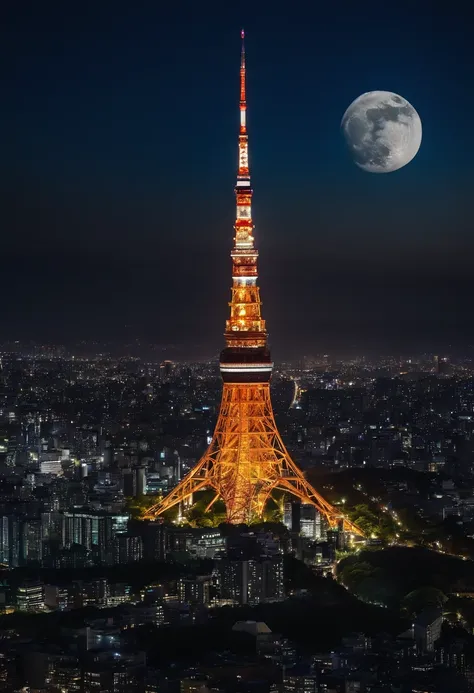 ((Tokyo Tower))Giant crescent moon、high-level image quality、raw、Standing at Tokyo Skytree、20-year-old woman、nighttime scene、Milky Way Galaxy、Andromeda Nebula、tokyo streets、Flowing Lines of Light、Meteor swarm、((Approaching the Moon))