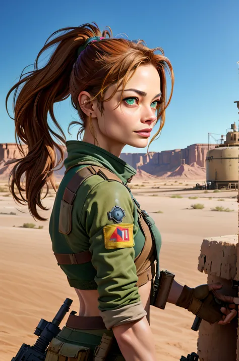 poster, Best quality, best lighting, Kristin Kreuk, ponytail and green eyes dans une tenue post apocalyptique, desert et rochers, oil well, guns