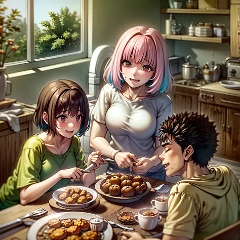 riamu yumemi,guts,couple,husband and wife,riamu motherly,house wife,cooking,mother and son,children,family,happy,(best quality,4k,8k,highres,masterpiece:1.2),ultra-detailed,(photo1.37),joyful,loving,embrace,adorable,cheerful,blissful,togetherness,warmth,sm...