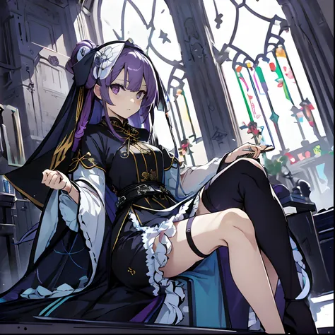 best qualtiy，tmasterpiece，ultimate resolution, long purple hair, navy ribbon, blue cheongsam, metamorphosis is exposed, thighhig...