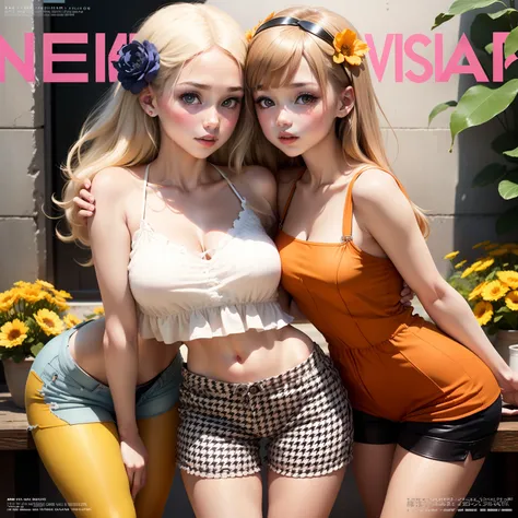 1 Cute Baby Chibi Anime、(Best Quality), (masutepiece)、Standing、Beige hair、(Shorts over orange pantyhose: 1.4) (Houndstooth Retro Flower Shorts) (Fashion magazine cover:1.7)、Description of cosmetic items、On the cover「lovely kiss」Logo