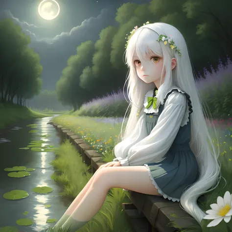 (Masterpiece, Top quality), One girl with long white hair sitting in a field of green plants and flowers, warm moonlight, blurryforeground, Loli, river bank, Good shorts, the strange