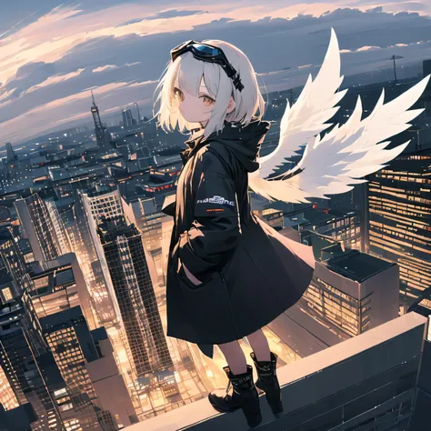 (​masterpiece、top-quality),From  above, 1girl in, 独奏, (Feather wings:1.2), signboard, brown-eyed, White hair, Short Bob, Scars on the face, built, city nigth, cloudy ash sky, goggles, coat, boots, cranes (machines), Dutch angle, From the side, Light frown,...