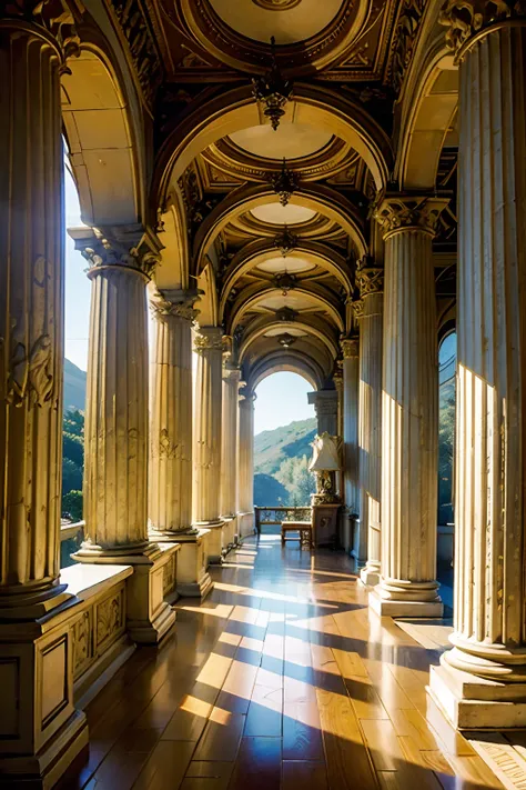 A room that belongs to a greek muse, with a harp and other musical instruments, ancient, pillars, mood is direction, discovery, motivation, rapport, moving, observing.