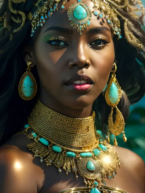 a close up of a woman wearing a gold and turquoise necklace and earrings, stunning african princess, gorgeous woman, dark skin female goddess of love, a stunning portrait of a goddess, gorgeous beautiful woman, goddess jewelry, portrait of a beautiful godd...