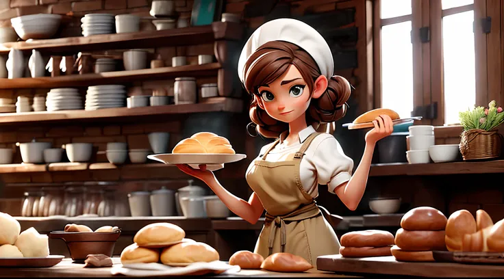 Photograph of a skilled baker in the middle of old and rustic bread; Delicious pastries. The image shows a busy kitchen with a counter filled with a range of ingredients like flour., oeuf, et beurre. The baker with long brown hair with an apron, Skillfully...