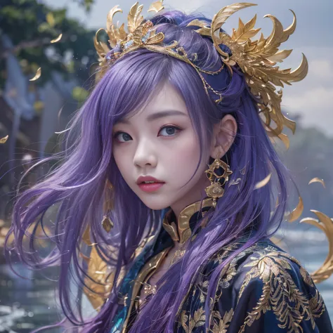 Genki Girl 32K（tmasterpiece，k hd，hyper HD，32K）Long flowing bright purple hair，Autumn Pond，zydink， a color， Asian people （Genki girl）， （Black and gold scarf）， Combat posture， looking at the ground， long whitr hair， Floating bright purple， Fire cloud pattern...