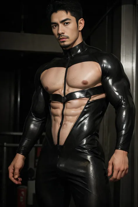 Body Su 1t, photore (Japan man) wearing bodysuit, huge muscle，See-through, Underground nightclub, Dancing, Facial hair, Realistic, Masterpiece, Intricate details, Detailed background, Depth of field,