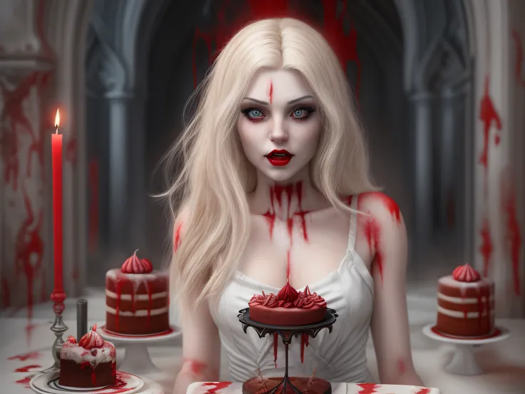 a 3D picture of extremely (beautiful female vampire: 1.4) looking at (red MasterChef style cake: 1.5), an exquisite beautiful vampire, full body, ultra feminine ultra detailed face, blond hair, short hair, pale skin, red lips, blue eyes, (vampiric fangs: 1...