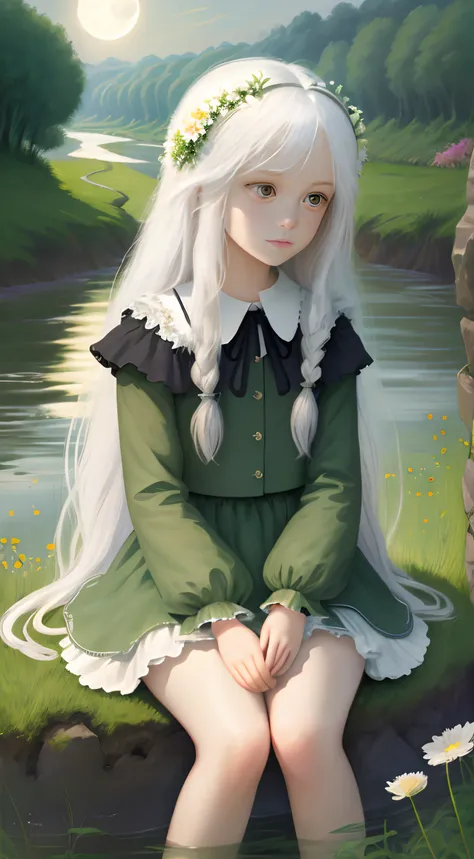 (Masterpiece, Top quality), One girl with long white hair sitting in a field of green plants and flowers, warm moonlight, blurryforeground, Loli, river bank, Good shorts, the strange