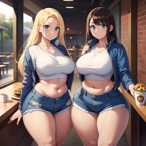 ((highres)), Masterpiece, high quality, best quality, beautiful, perfect lighting, detailed face, ultra cute face, ((2girls)), one girl has blonde hair, blue eyes, crop top and shorts skindentation, one girl has brown hair, green eyes, jeans, white shirt, ...