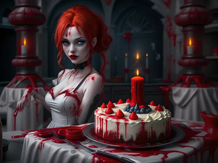 a 3D picture of extremely (beautiful female vampire: 1.4) looking at (red MasterChef style cake: 1.5), an exquisite beautiful vampire, full body, ultra feminine ultra detailed face, red hair, short hair, pale skin, red lips, blue eyes, wearing sexy white s...