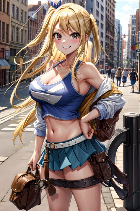 masterpiece, best quality, highres, lucy heartfilia, blonde hair, long hair, large breasts, jacket, crop top, bare shoulder, show stomach, belt, pleated skirt, cowboy shot, standing, looking at viewer, city road, outdoor, modern city road, blush, shy, smil...