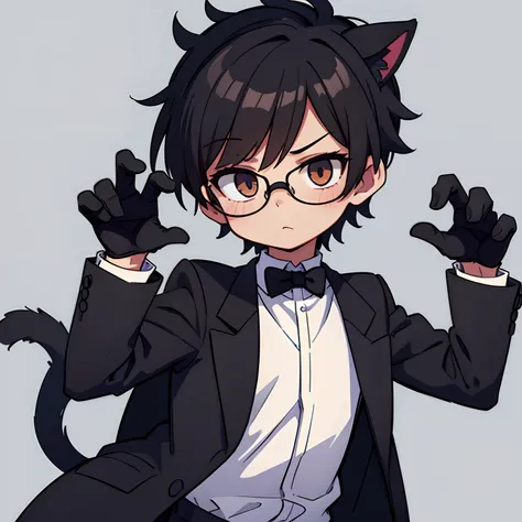 A boy with black vest without jacket and a black hair with cats ears and a black gloves and a glasses falling into the dark background