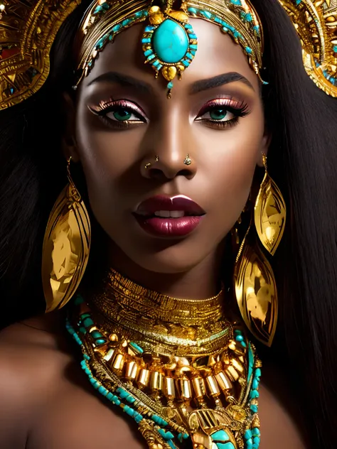 a close up of a woman with a gold headpiece and turquoise eyes, stunning african princess, dark skin female goddess of love, a stunning portrait of a goddess, gorgeous woman, beautiful cleopatra, portrait of a beautiful goddess, insanely gorgeous beautiful...