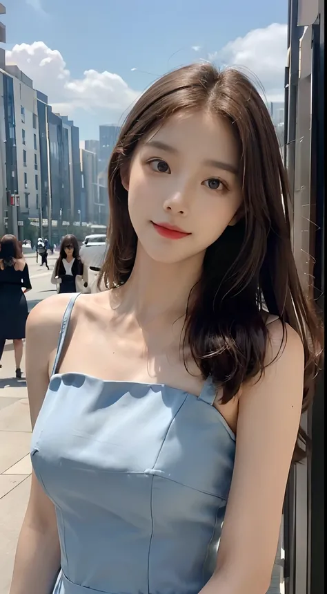 ((The highest image quality, 8K, tmasterpiece: 1.3)), Self-shot, Sharp Focus: 1.2, Cute beauty with perfect figure: 1.4, Slim Big Breasts,large full breasts, length hair,((Brown hair black)) , (Little blue dress，Highly detailed face，Happy expression，standi...