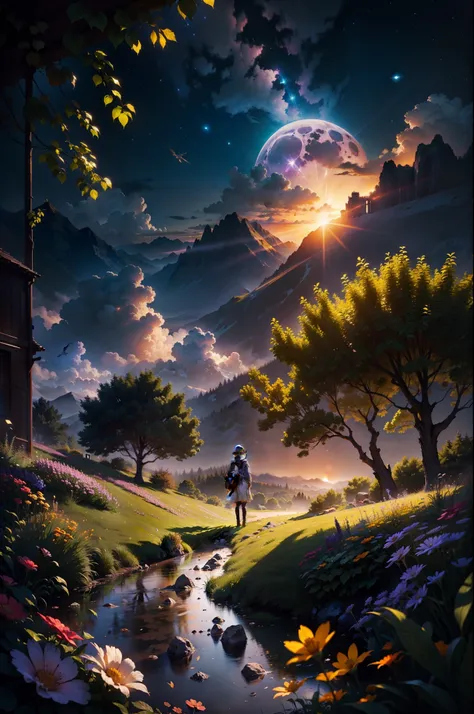 LANDSCAPE PHOTO (SEEN FROM BELOW, SKY ABOVE, FIELD BELOW), GIRL STANDING IN FLOWER GARDEN LOOKS UP (FULL MOON: 1.2), (METEOR: 0.9), (NEBULA: 1.3), DISTANT MOUNTAINS, TREES BREAK CRAFTING ART, (WARM LIGHT: 1.2), (FIREFLY: 1.2), LIGHTS, LOTS OF PURPLE AND OR...