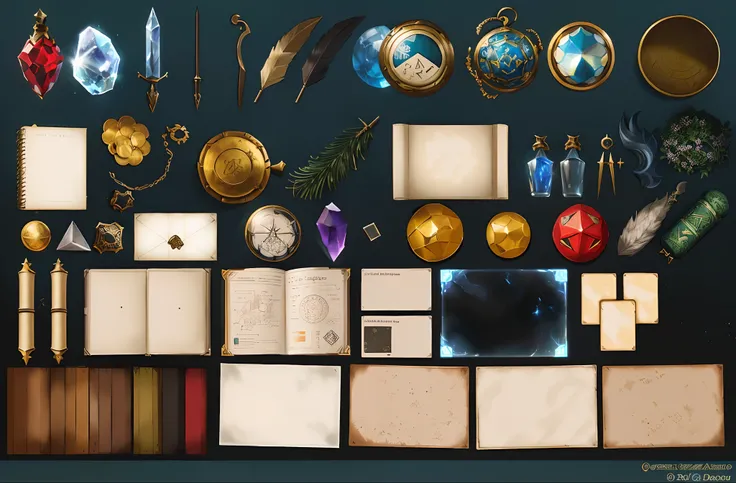 There are many items that are on the table together, rpg game inventory item, Ativos do jogo, Folha de ativos do jogo, game asset occult, magic items, Pacote de ativos de design de jogos, Ativo do jogo, ativos de videogame, Item de jogo de RPG, arte concei...