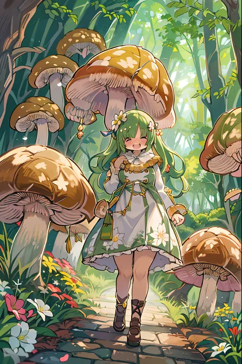 eyesight, (Three Lolitas: 2) Stable diffusion is the best image quality, morning sunlight, Spring landscape, Dew and flowers, flying hair, Living in a fairytale dreamland with mushrooms, trip, Running, and laughing. forest pathway,huge-breasted、bbw,Large T...