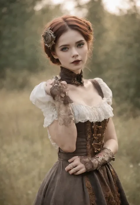 steampunc、Steampunk Body、Full body posture、skeletal、Machine body、Gear device、Karakuri doll、Industrial Revolution、Russian woman、drooing eyes、Short hairstyle、Little fat girl、sulky face、skeleton、Halloween Makeup