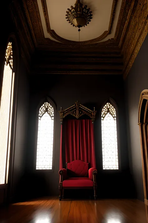 hall with throne, janela com luar, cortinas vermelhas, noite, gothic style, cores obscuras, terror, cores vivas,