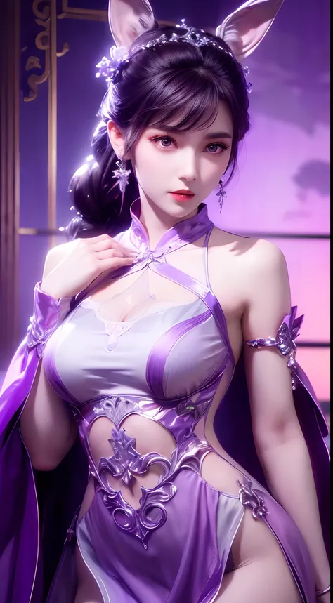 1 very beautiful girl in Hanfu dress, Thin purple silk shirt，There are many white patterns, white lace top, Purple platinum，with long bangs，Long ponytail, gorgeous hair accessory, Nice face and cute, Flawless face, Earring jewelry, light purple rabbit ears...