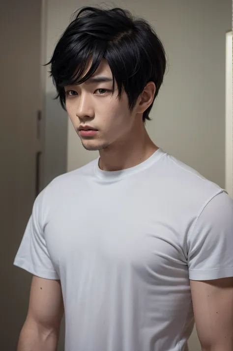 There is a man with black hair and a white shirt, realistic style, smooth digital art, Korean mixed-race male, 27 years old, not looking very smart, surreal, realistic style, realistic details, inspired by real portraits, [4K realism]!!, realistic realisti...