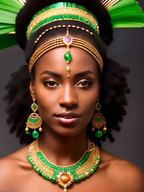 a close up of a woman wearing a green headdress and jewelry, stunning african princess, dark skin female goddess of love, gorgeous woman, a stunning portrait of a goddess, black african princess, portrait of a beautiful goddess, african princess, dark skin...