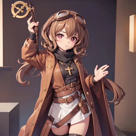 1girl, brown hair, curly hair, brown eyes, (cruciform pupil of the eye:1.1), ((cross-shaped pupils)), short hair, cute, adult, long coat, arknights, succubus horns, glove, medium breasts, (goggles:1.4), scarf, ((draw)), ((glow draw))