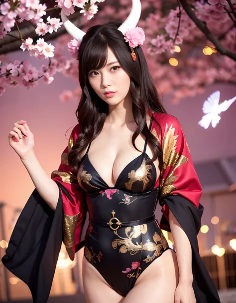 ((World of Darkness)),Professional , ​masterpiece、top-quality、photos realistic , depth of fields 、（sexypose）、(Background of cherry blossoms in full bloom),（Ultimate Beauty）、A dark-haired、（White bikini armor)、（Kimono with beautiful pattern）、（Night backgroun...