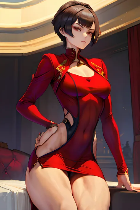 18-year-old girl, (((noble attire ))),Empress,(((Thin body type ))),Short blunt hair, beauitful face, Sateen, Roof, Masterpiece, intricately details, Perfect anatomy, (((Red jacket))), (((Tight dress))), (((Ripped)))