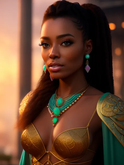 hyper realistic, ultra realistic photograph of an African American barbarian woman, face looks like Naomi Campbell, ((honey eyes)), ((Jade ocean:1.25)), bronze jewelry, shiny, mysterious, sunlight fractal details, (Anna Steinbauer:1.5), depth of field, HOF...